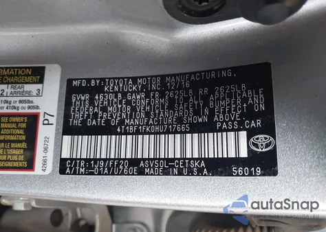 2017 Toyota Camry Se z USA, uszkodzony, nr VIN 4T1BF1FK0HU717665